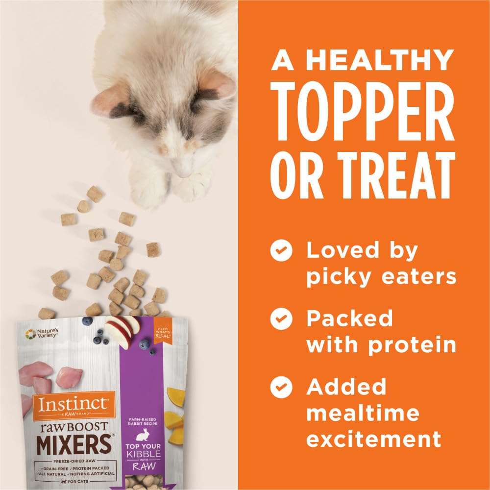 Instinct Raw Boost Mixers serving scoop beside cat bowl.