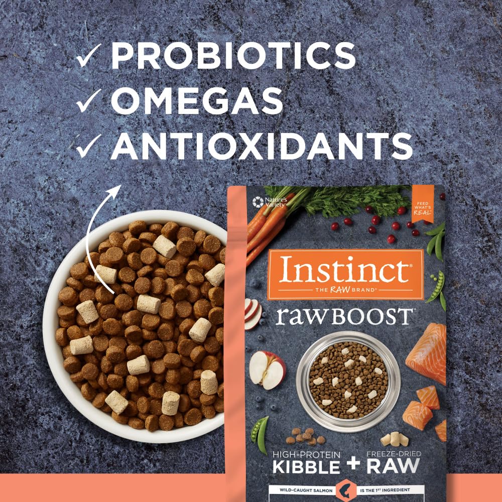 Instinct Raw Boost probiotic and omega-rich blend supports digestion and healthy skin.