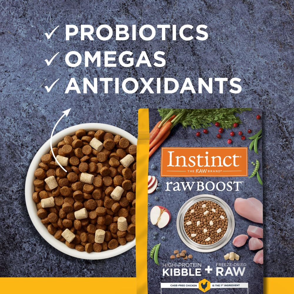 Instinct Raw Boost probiotics omegas and antioxidants support digestive health and coat.