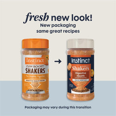 Instinct Raw Boost Shakers being poured over kibble to boost flavor and nutrition