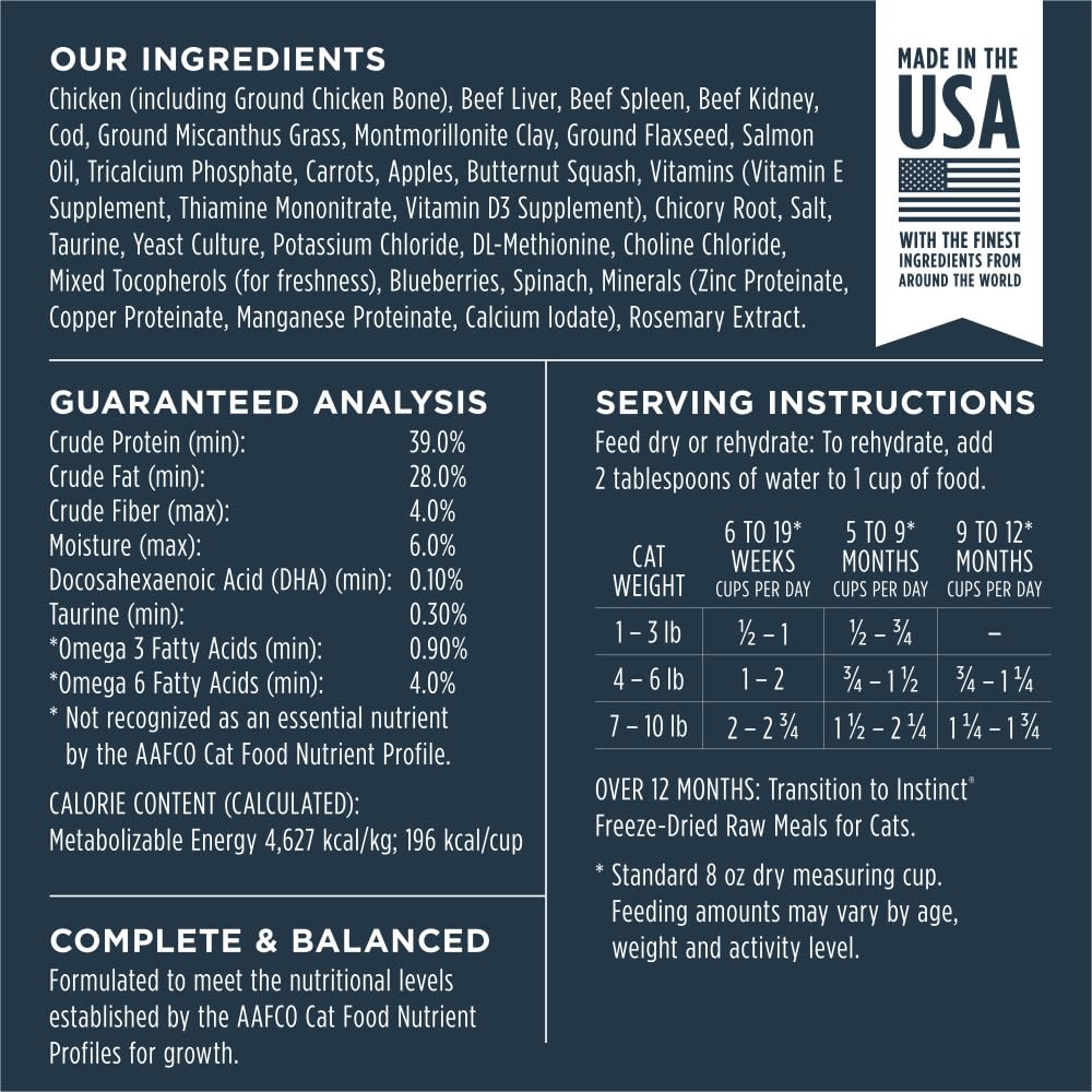 Instinct chicken blend serving scoop shows complete kitty meal option.