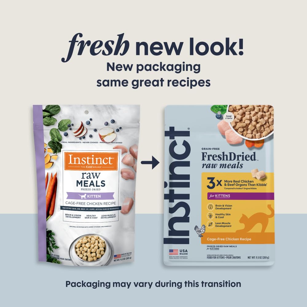 Instinct raw kitten chicken close-up bag showing high-protein, grain-free nutrition.