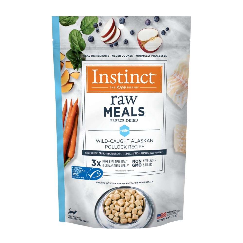 Instinct Raw Meals pollock bag, premium grain-free ingredients for feline nutrition.