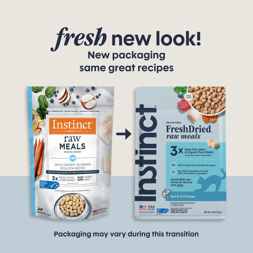 Instinct Raw Meals freeze-dried pollock pieces ready to serve for cats.