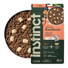Instinct RawBoost bag front with real salmon supports lean muscles.