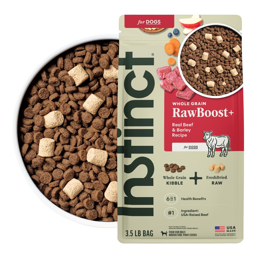 Instinct RawBoost beef-barley dry dog food bag showing protein-rich USA beef