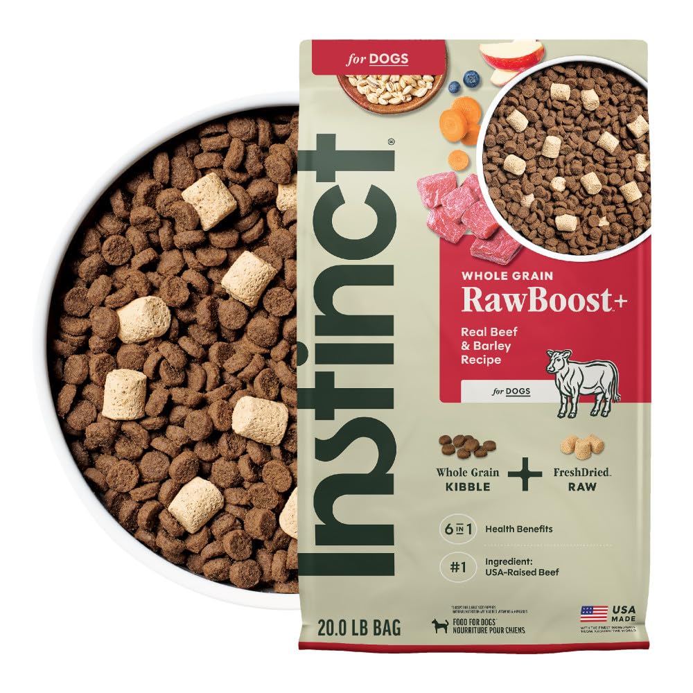 Instinct RawBoost beef and barley dry dog food front label highlights USA-made nutrition.