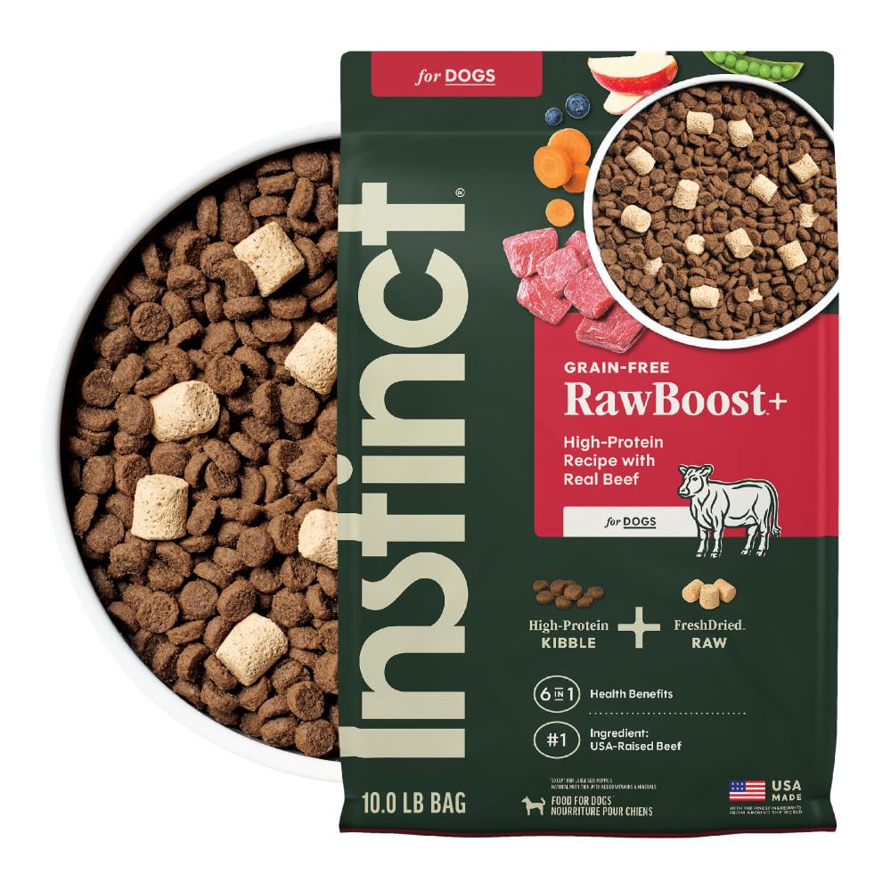 Instinct RawBoost beef kibble closeup showing protein-rich bites for lean muscles.