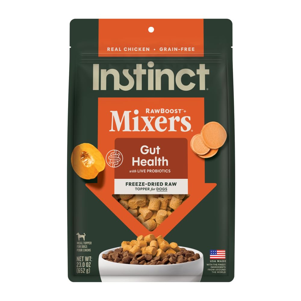 Instinct RawBoost Mixers bag front highlights grain-free formula for gentle digestion.