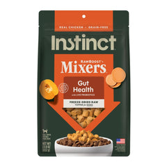 Instinct RawBoost Mixers bag front highlights grain-free formula for gentle digestion.