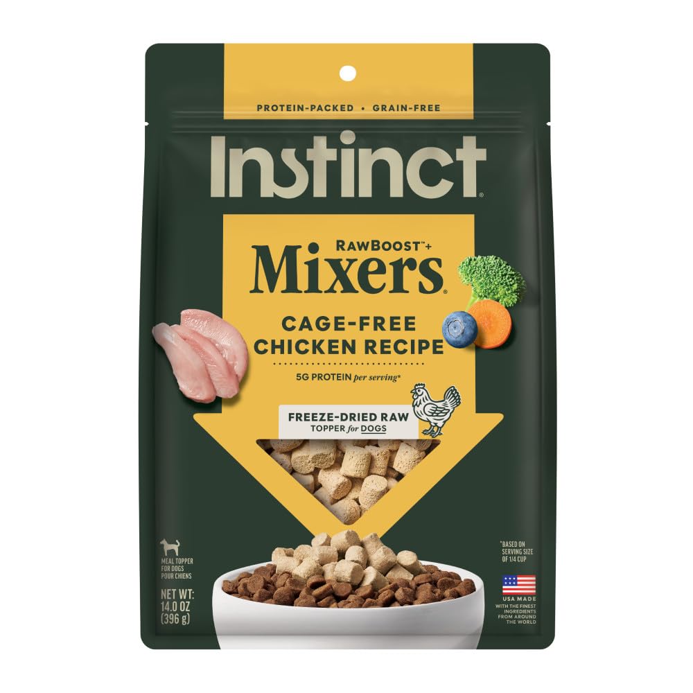 Instinct RawBoost Mixers bag front shows grain-free formula and high-protein topper potential.