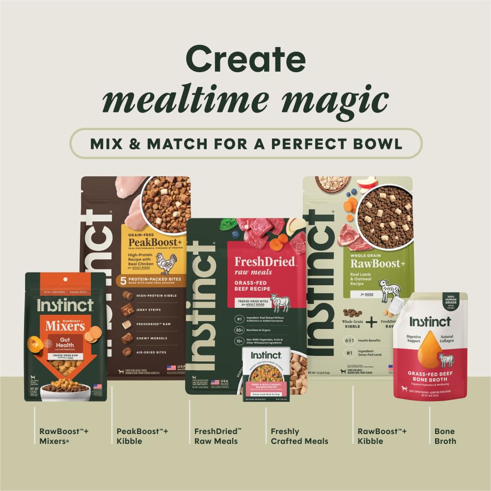 Instinct RawBoost Mixers USA-made grain-free formula in a ready-to-use bag.