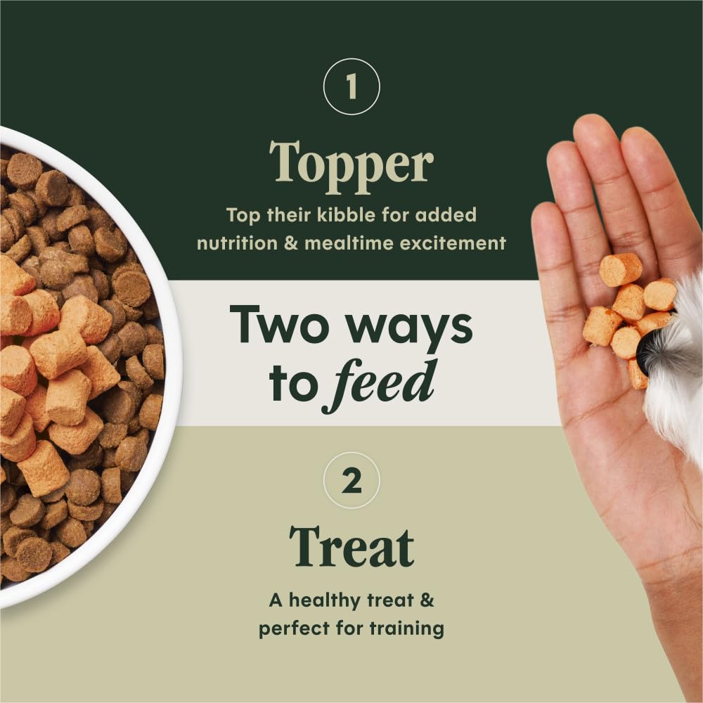 Instinct RawBoost Mixers serving setup shows toppers spread over kibble for mealtime variety.