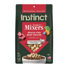 Instinct RawBoost Mixers packaging highlights grain-free topper for dogs.