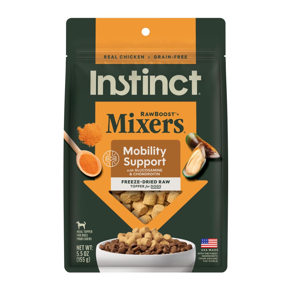 Instinct RawBoost Mobility toppers shown in bag for joint support and flavor.