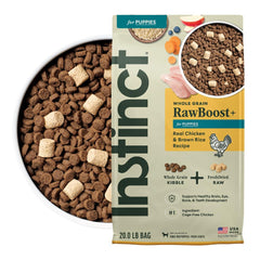 Instinct RawBoost Puppy bag front shows natural nutrition for growing puppies.