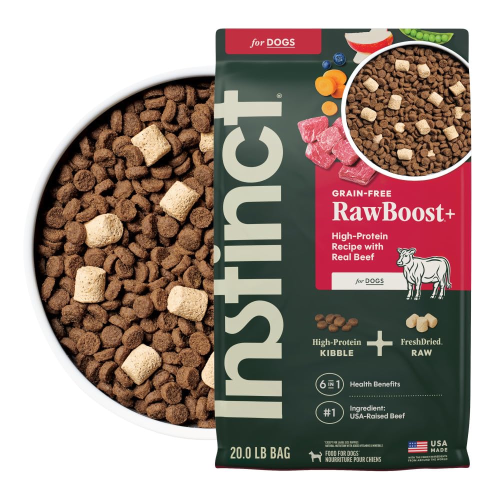 Instinct RawBoost real beef bites for high-protein dog nutrition.