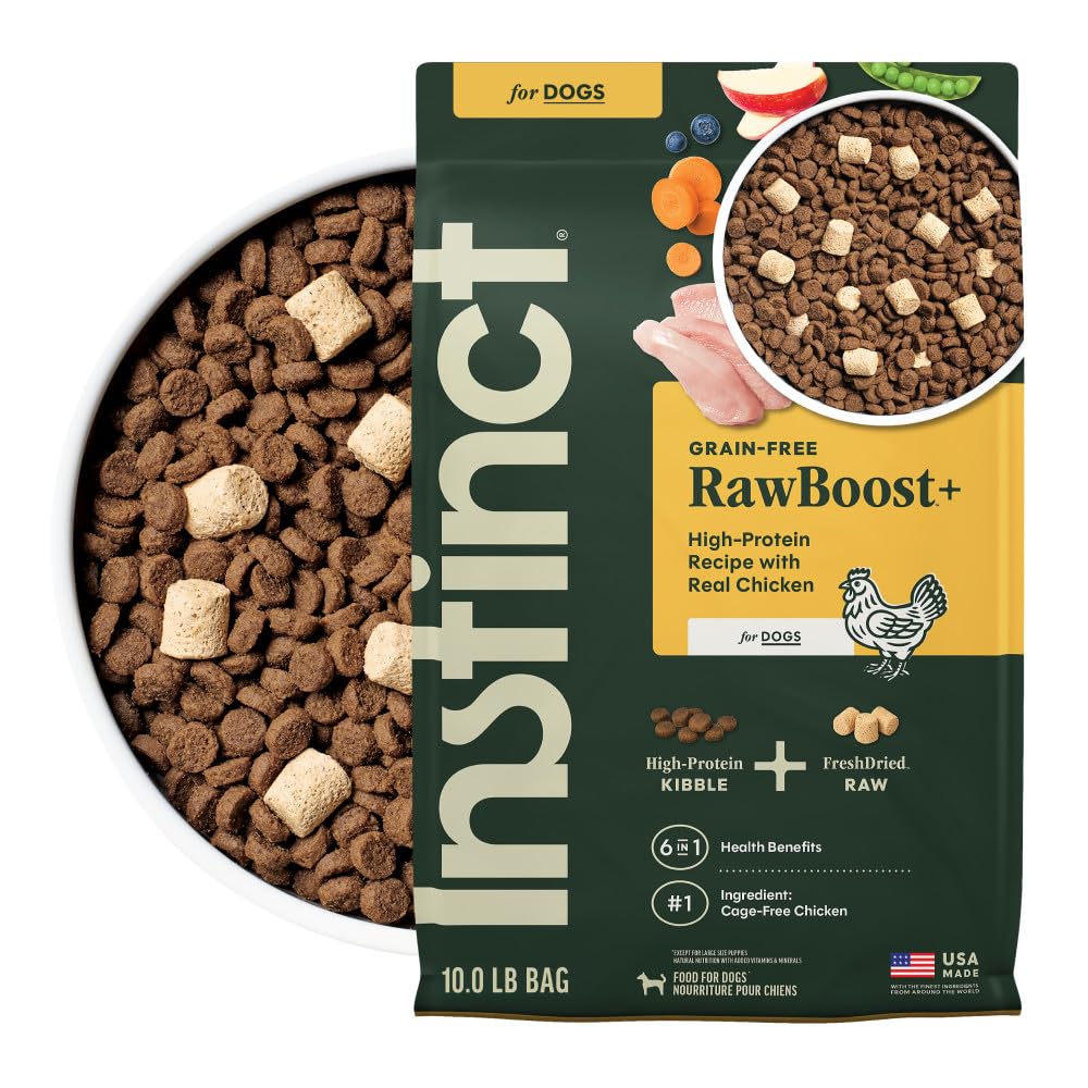 Instinct RawBoost real chicken first ingredient for strong muscles.