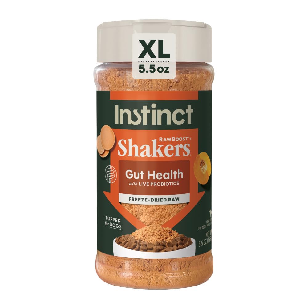 Instinct RawBoost Shakers bottle front view, chicken topper for gut health and flavor.