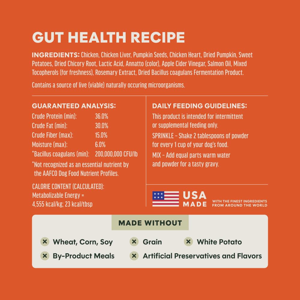 Instinct RawBoost Shakers chicken ingredient label, probiotic-rich formula.