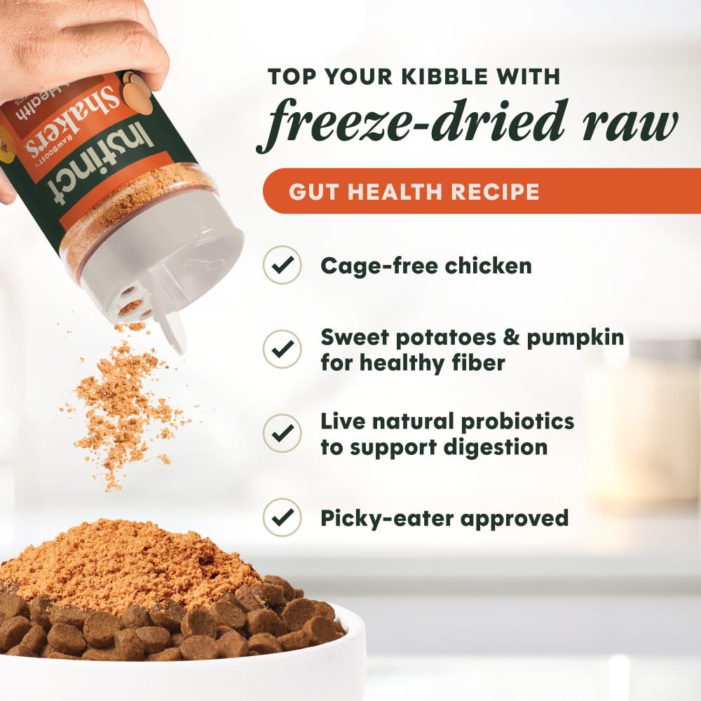 Instinct RawBoost Shakers dry powder close-up on kibble, enhances taste and digestion.