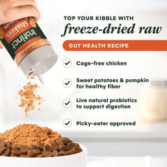 Instinct RawBoost Shakers dry powder close-up on kibble, enhances taste and digestion.