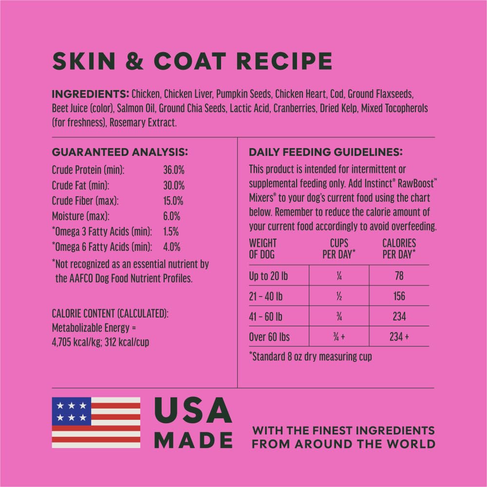 Instinct RawBoost skin-coat focus supports healthy-looking fur during mealtime.