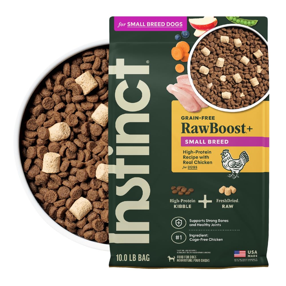Instinct RawBoost small-breed bag front shows premium grain-free formula for tiny dogs.
