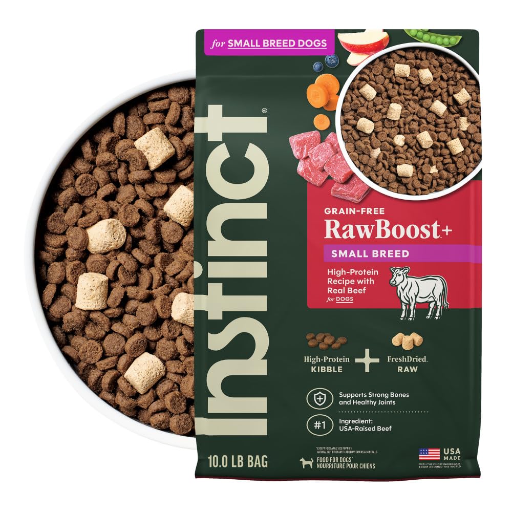 Instinct RawBoost Small Breed bag front showing grain-free formula for active small dogs