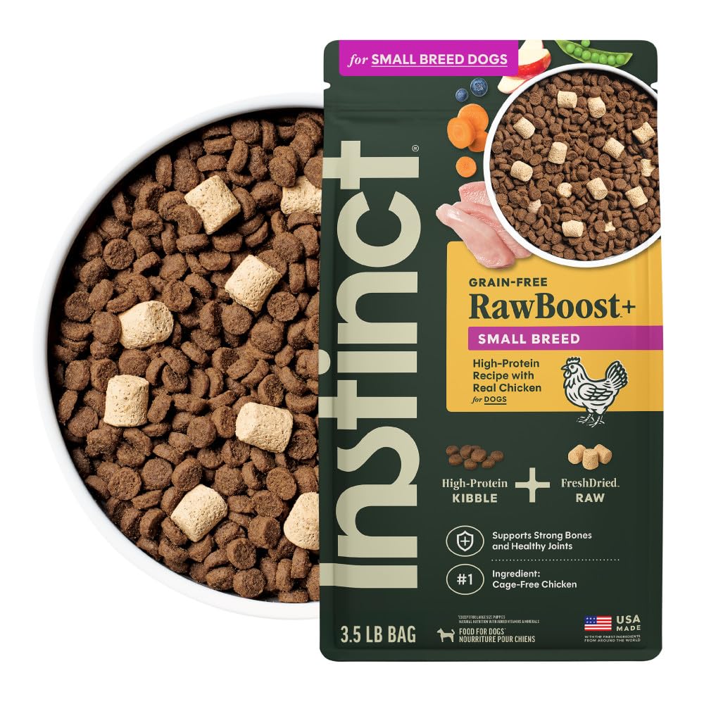 Instinct RawBoost Small Breed bag front, grain-free, high-protein formula for small dogs.