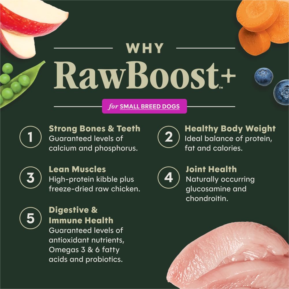 Instinct RawBoost small-breed kibble close-up highlighting real chicken protein for lean muscles.