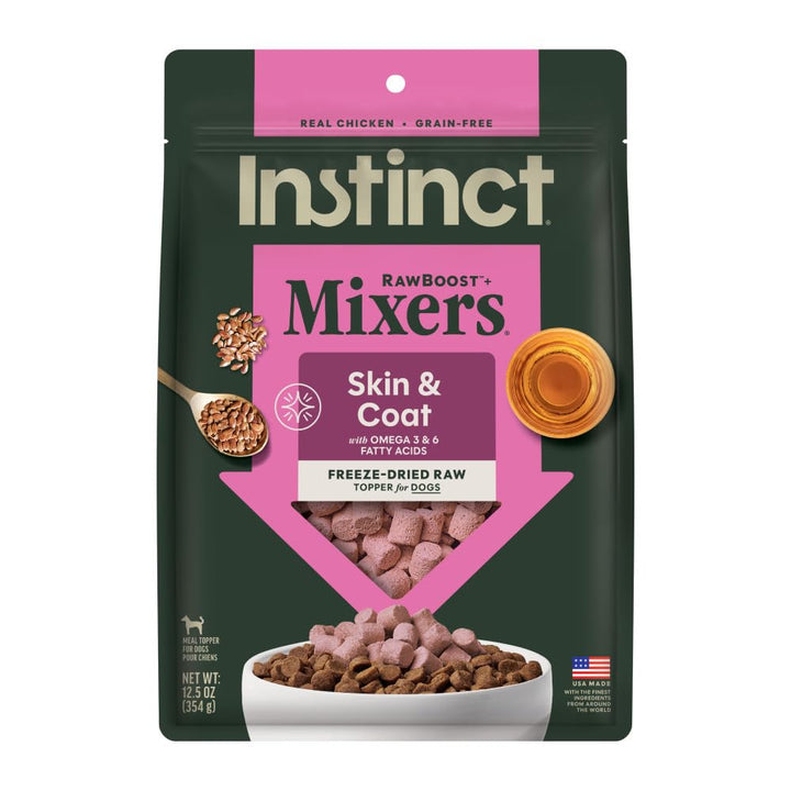 Instinct RawBoost topper with chicken and cod in a bowl enhances flavor and coat health.