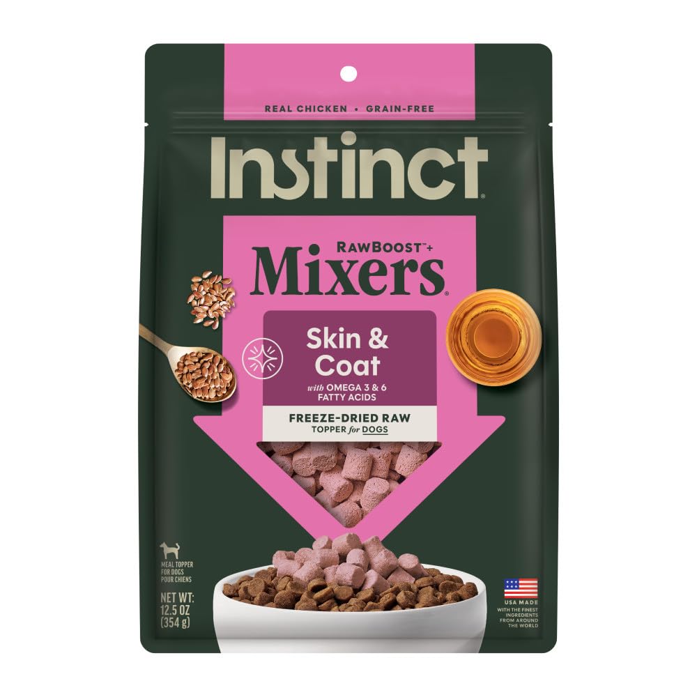 Instinct RawBoost topper with chicken and cod in a bowl enhances flavor and coat health.