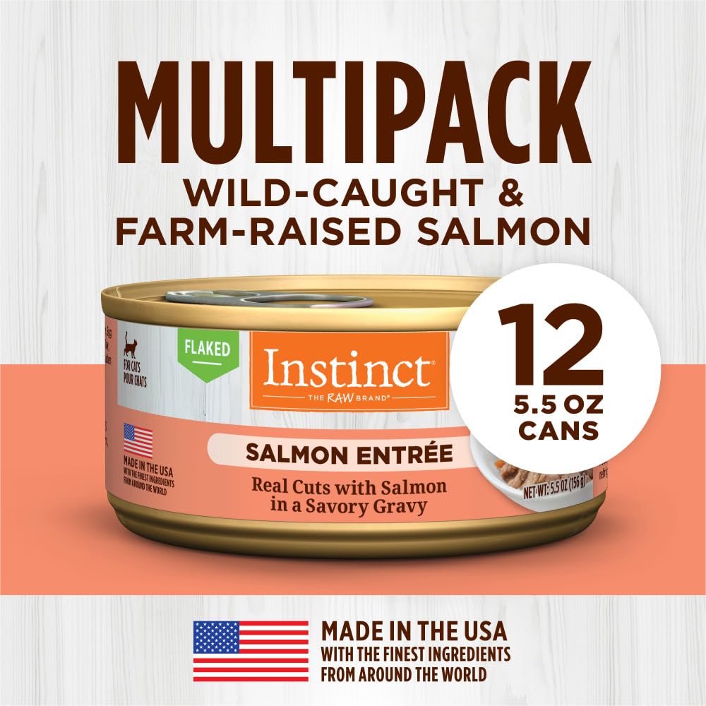 Instinct Flaked Entrée Salmon canned cat food presents rich gravy with real salmon.