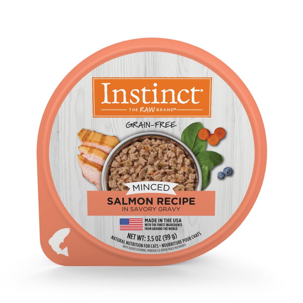 Instinct salmon minced cups in savory broth support healthy digestion and protein-rich meals.