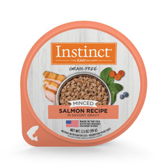 Instinct salmon minced cups in savory broth support healthy digestion and protein-rich meals.