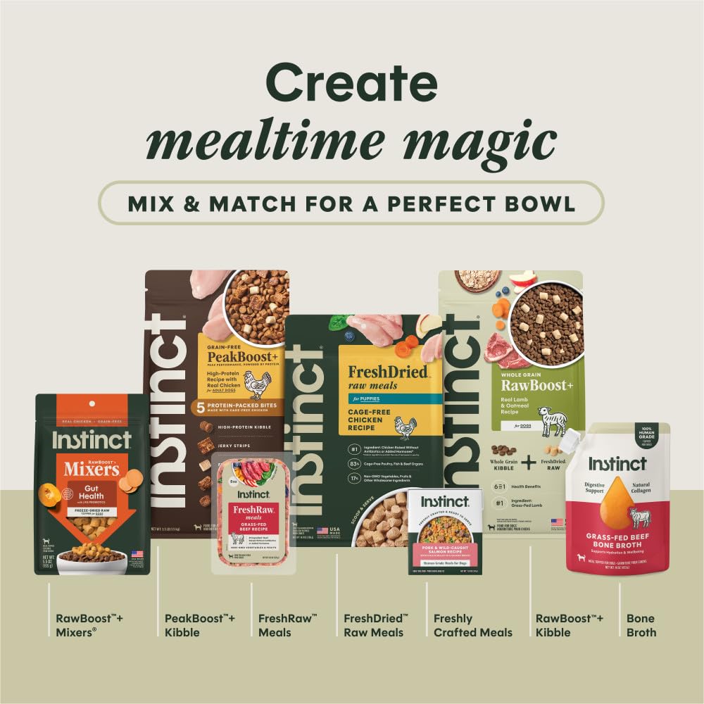Instinct shelf-stable raw meals shown in bag for convenient refrigeration-free feeding.