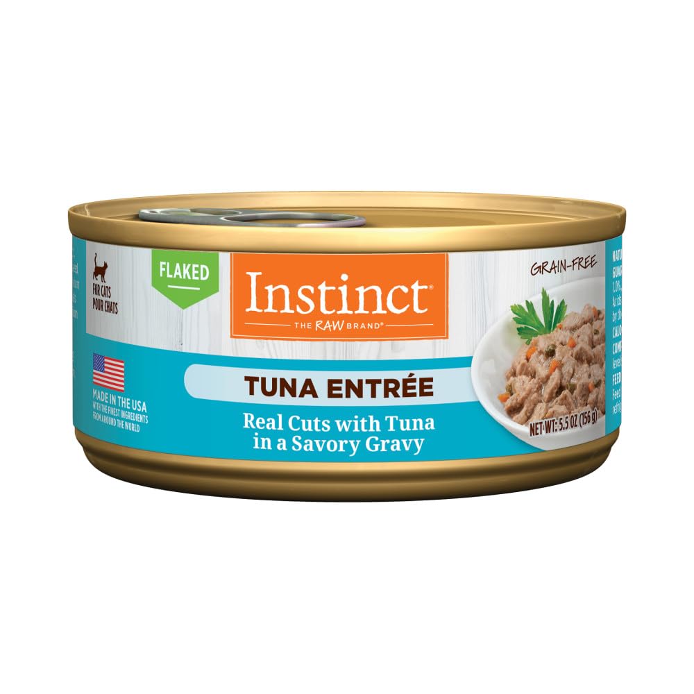 Instinct Tuna Flaked Entree cat food, top view, premium protein for lean muscles.