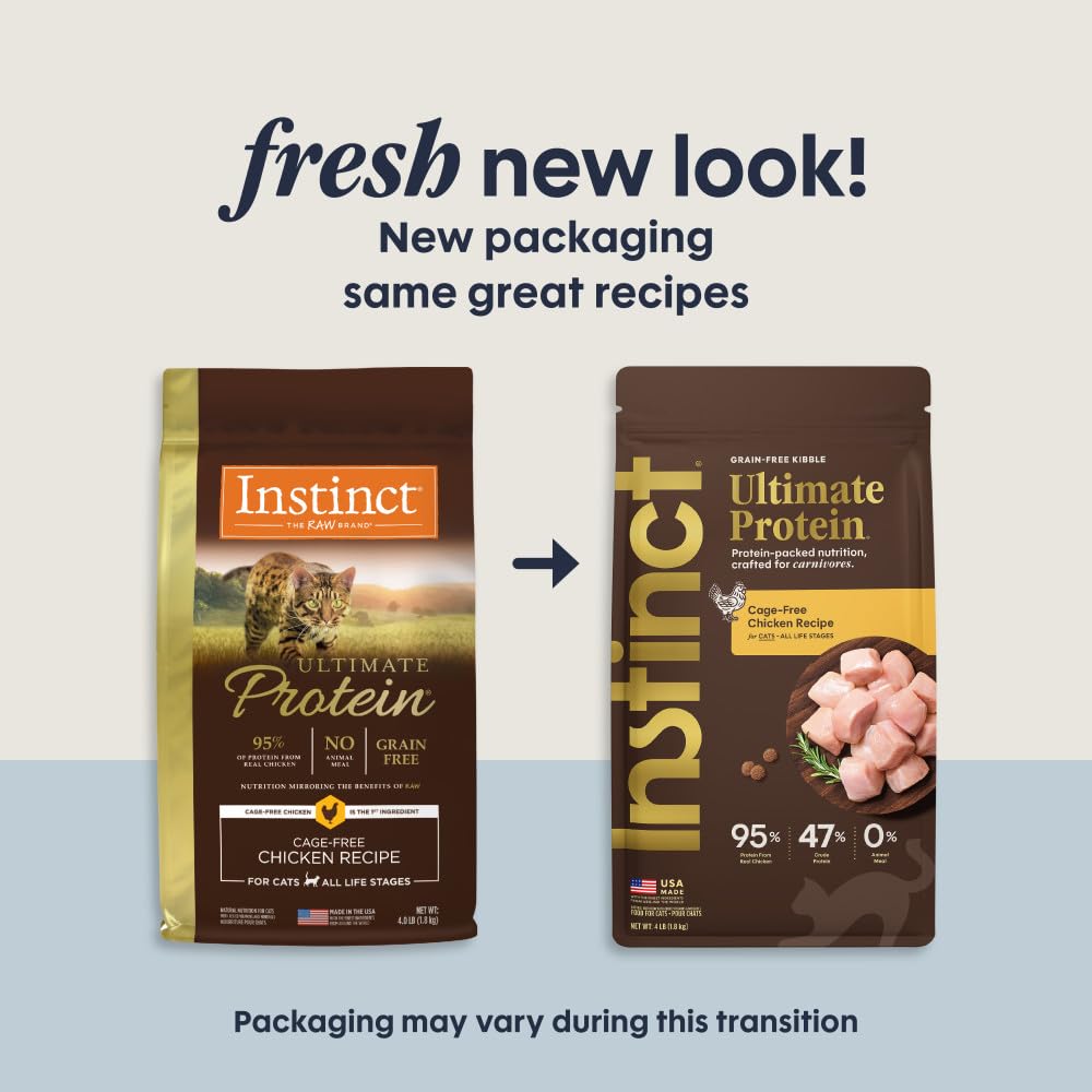 Instinct Ultimate Protein bag back view, listing ingredients and benefits.