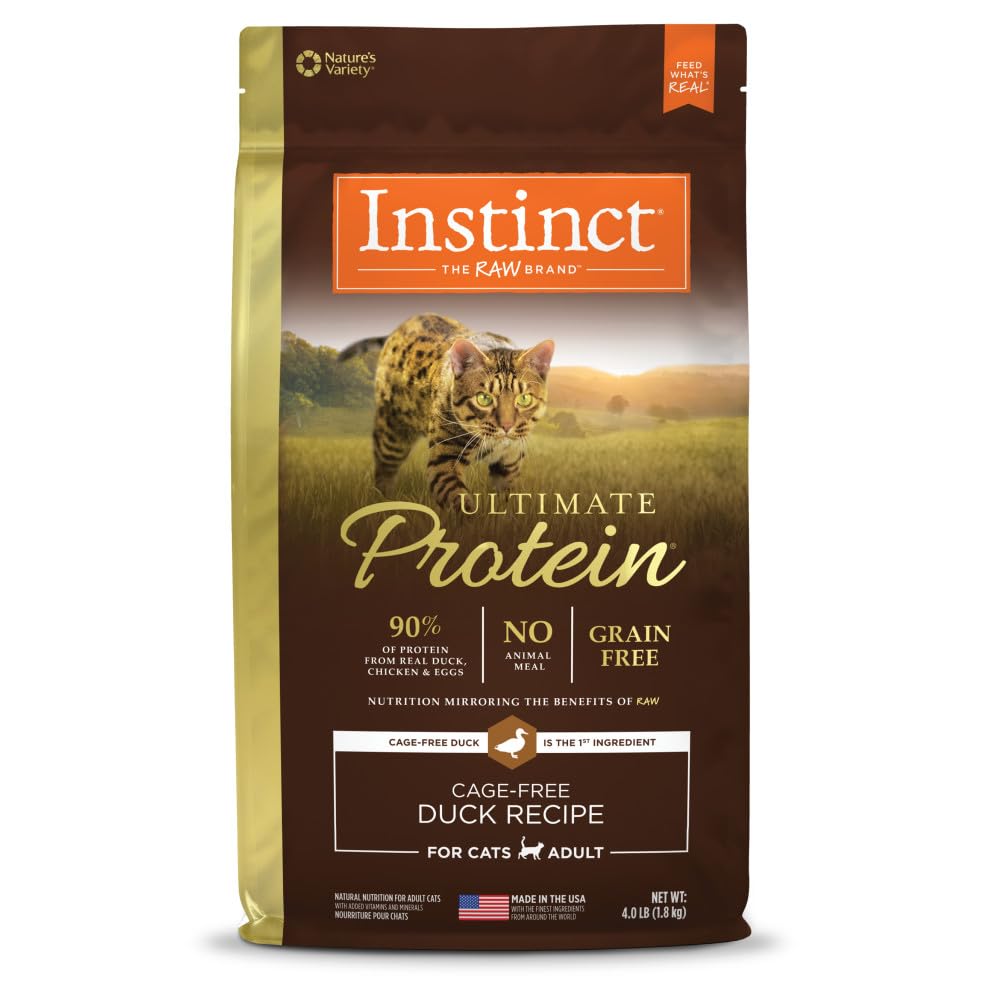 Instinct Ultimate Protein duck kibble bag emphasizes protein-rich nutrition for lean muscles.