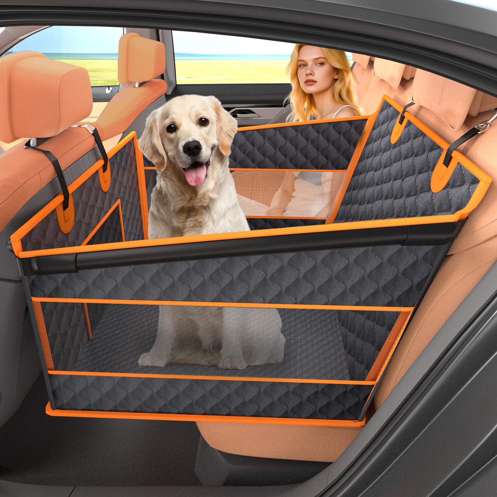 Instraella dog seat back-seat extender provides extra space for large dogs during car trips.