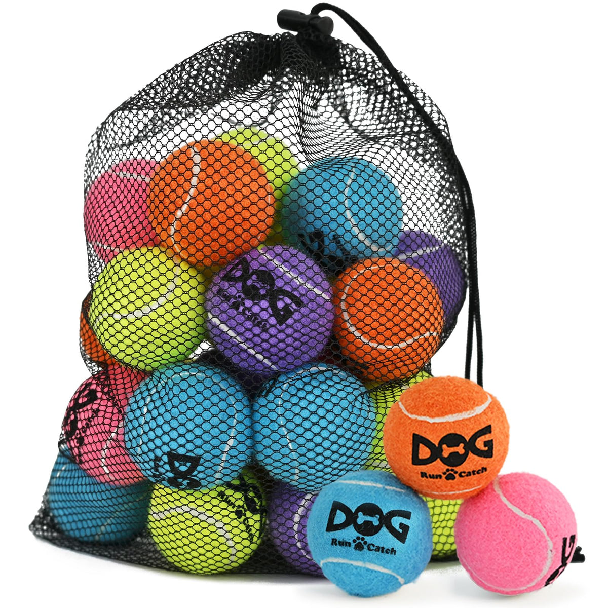 INSUM colorful 2in squeaky balls arranged for high visibility during small dog play.