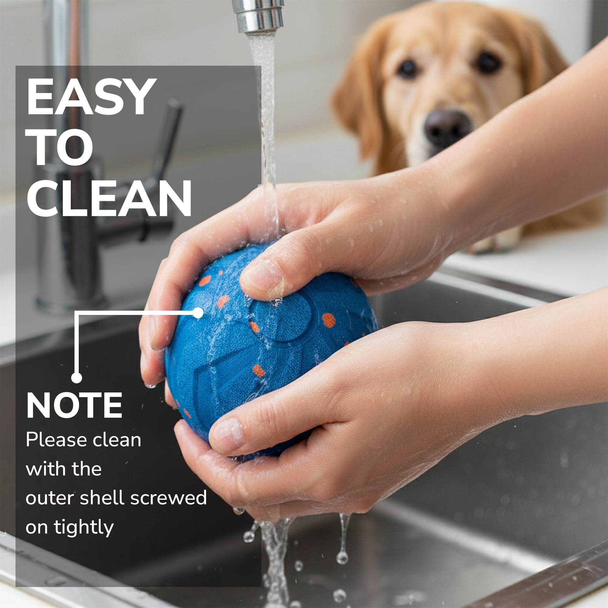 Interactive Dog Ball is IPX7 waterproof and easy to clean.