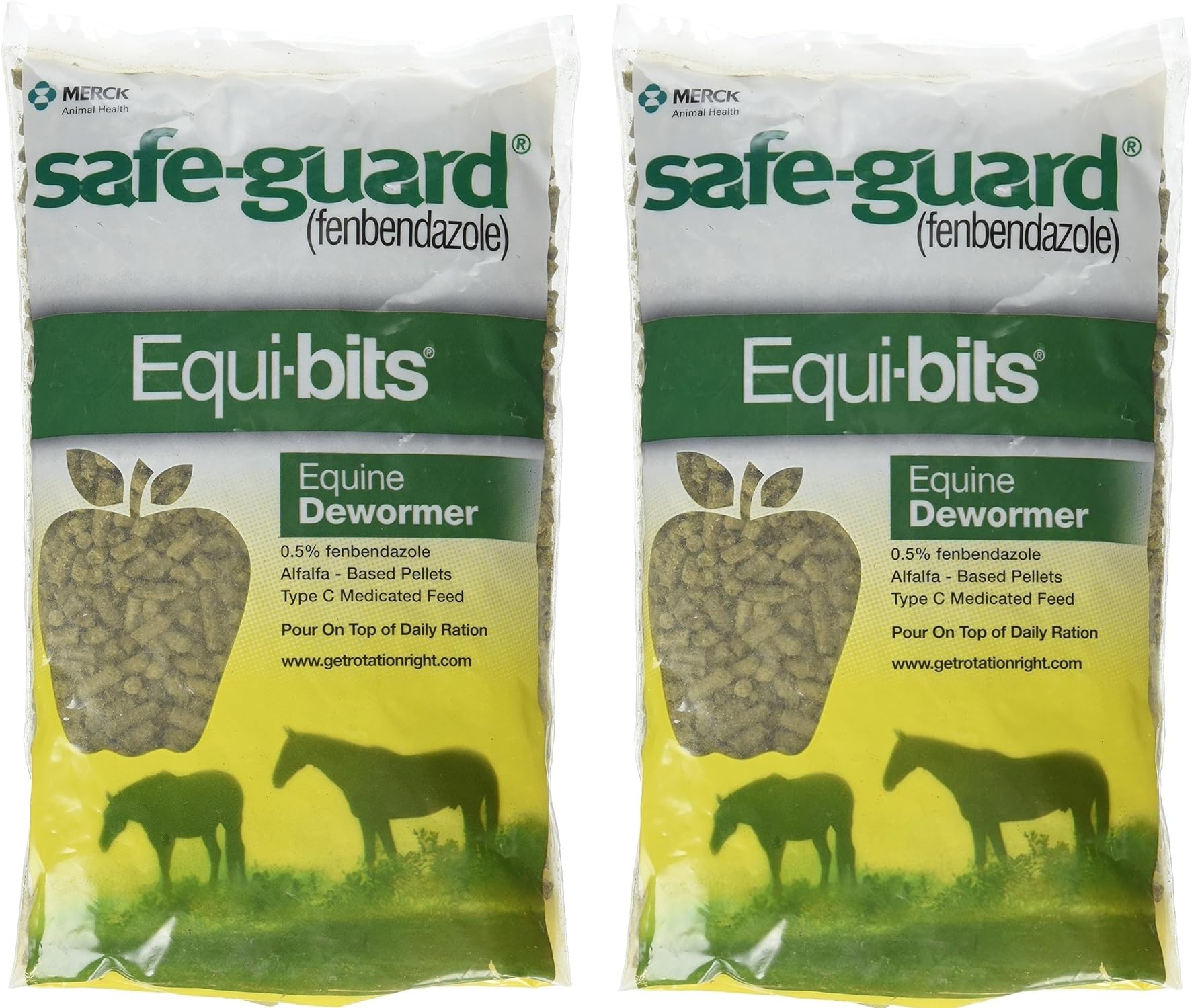 Intervet Safeguard pellets for horses in a two-pack, showcasing convenient feeding.