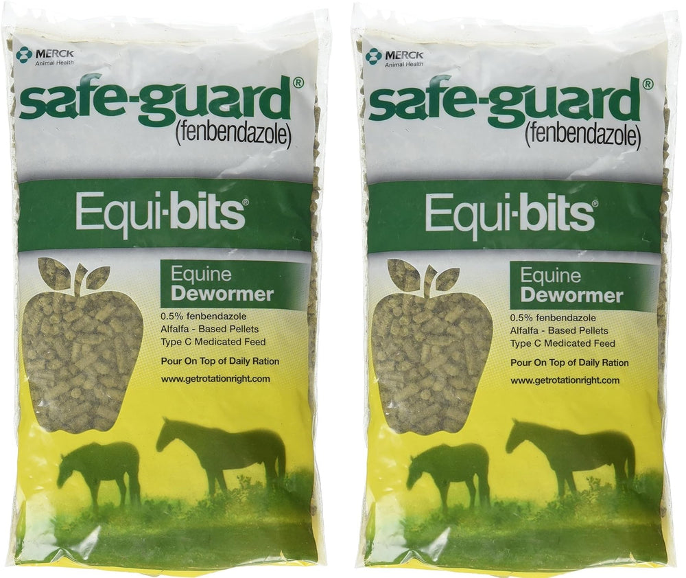 Intervet Safeguard pellets for horses in a two-pack, showcasing convenient feeding.