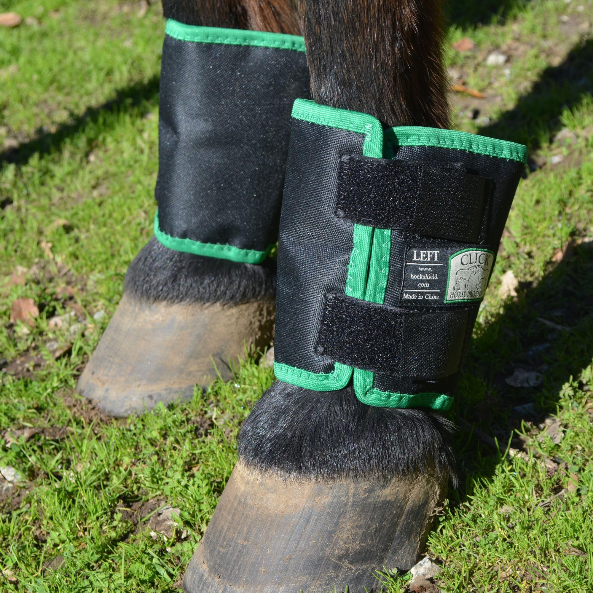 Intrepid Click Horse Fetlock Shield black and green trim improves visibility and style.