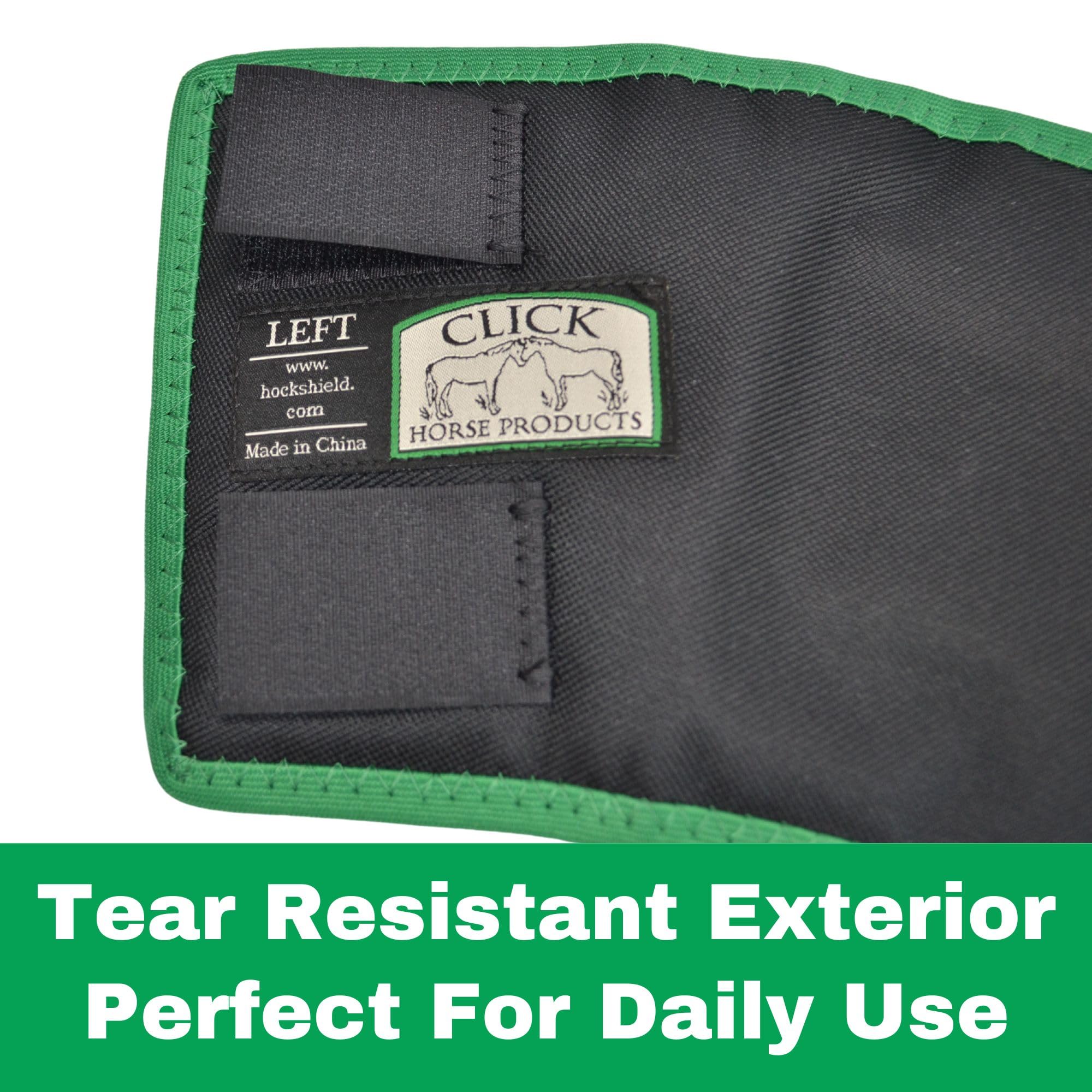 Intrepid Click Horse Fetlock Shield tear-resistant fabric protects legs during stall life.