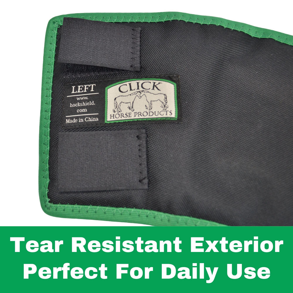Intrepid Click Horse Fetlock Shield tear-resistant fabric protects legs during stall life.
