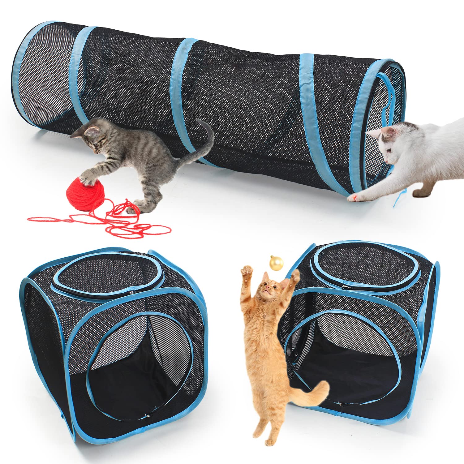 INTURN tunnel section shown outdoors providing a breezy, private shelter for curious cats.