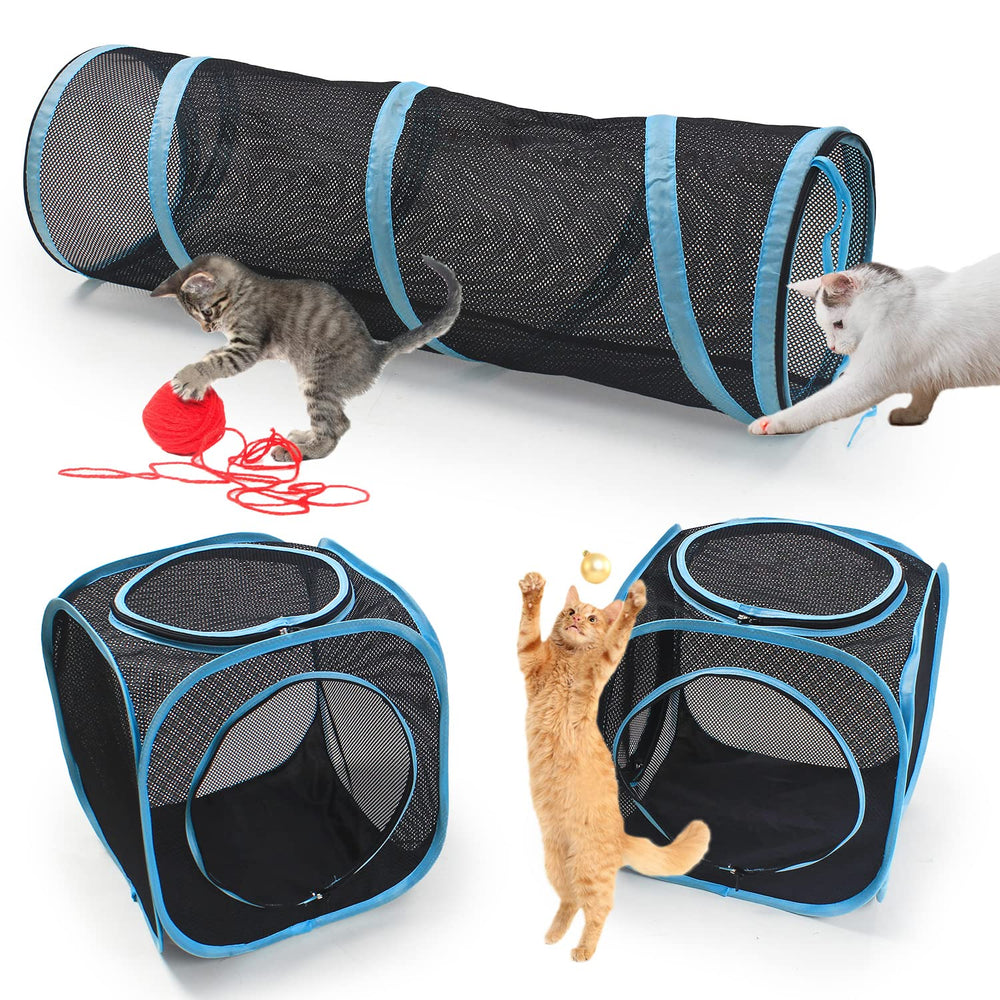 INTURN tunnel section shown outdoors providing a breezy, private shelter for curious cats.